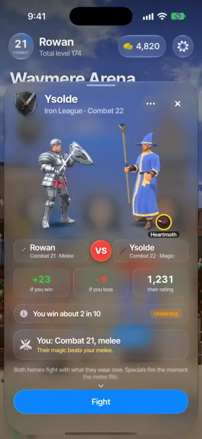 The rival sheet in the game: Rowan, combat 21, melee, against Ysolde, combat 22, magic. Plus 23 if you win, minus 9 if you lose, and you win about 2 in 10.