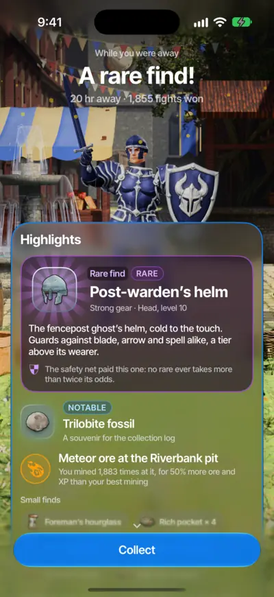 The 'While you were away' report: 20 hours away, a rare find, the Post-warden's helm, and a notable fossil.