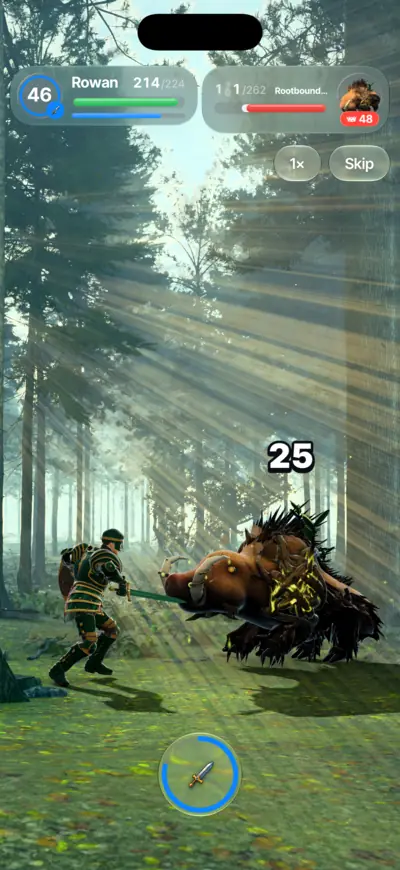 A boss duel against the Rootbound Boar in a sunlit forest, with a hit for 25.