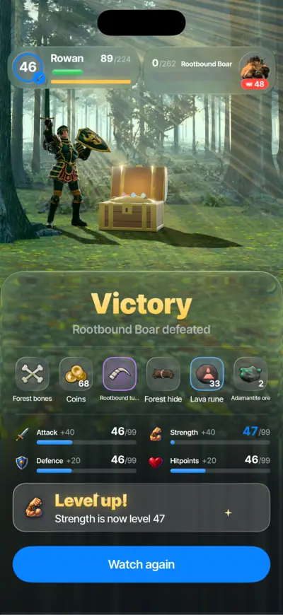 Victory over the Rootbound Boar: a chest of loot, XP for each skill and Strength levelled up to 47.