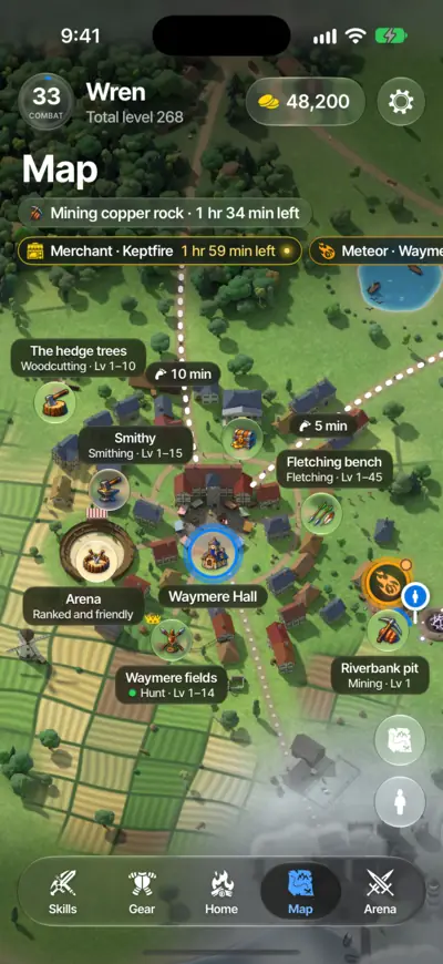 The world map in the game around Waymere Hall, with the merchant and a meteor showing as events, and walk times on the roads.