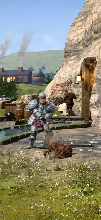 Your hero in plate armour swings a pickaxe at the foundry mine.