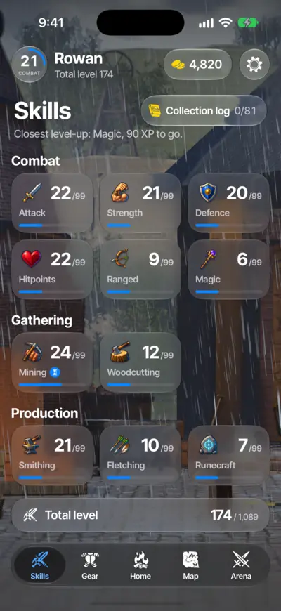 The Skills screen in the game: combat, gathering and production skills, each with its level out of 99, and a total level of 174.