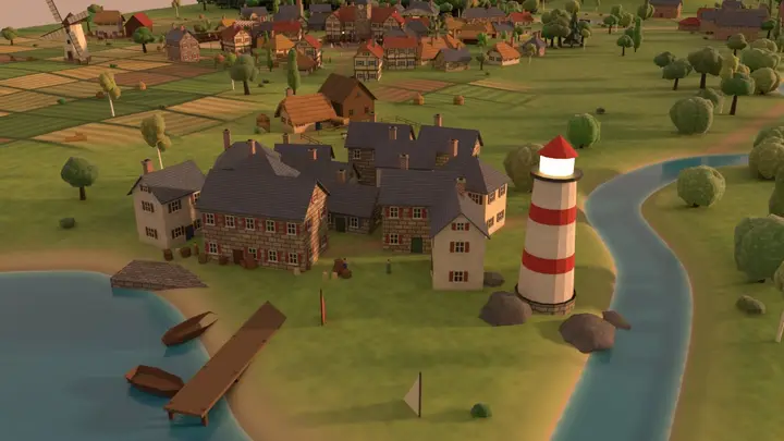 Greyhook Harbor: a harbour town with a red and white lighthouse.