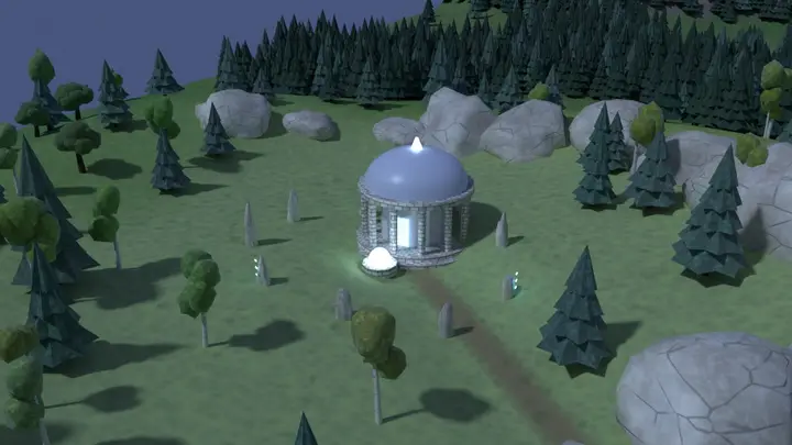 Yewbury Sanctuary: a domed shrine in a moonlit valley.